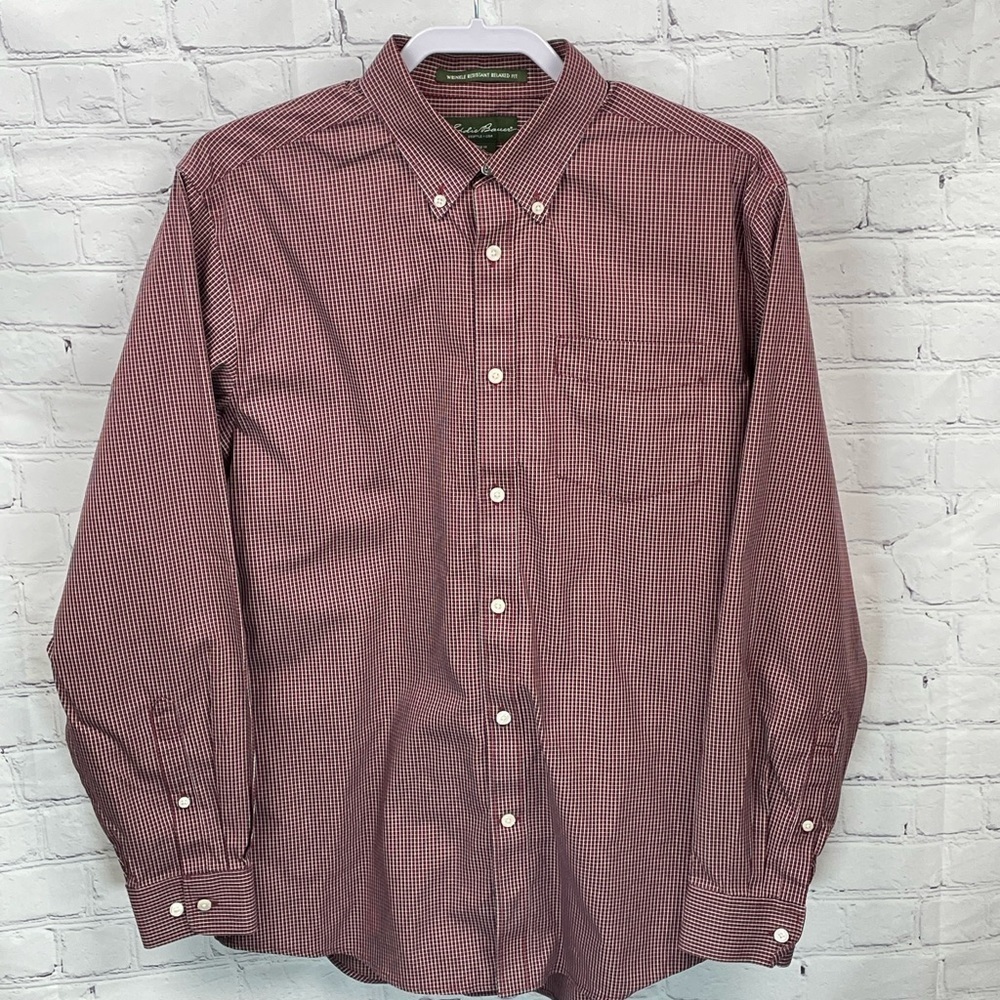 Eddie Bauer LS Button Up Wrinkle Resistant/Relaxed Fit Shirt Maroon Check Medium